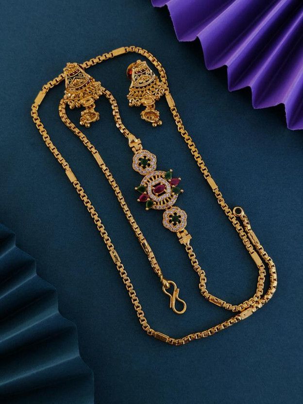 1-g GOLD PLATED 24"LONG MOHINI MOP CHAIN-PENDANT &EARRINGS FREE FOR WOMEN/GIRLS Cubic Zirconia Gold-plated Plated Brass Necklace
