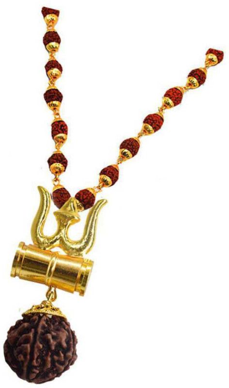 Rudraksha Trishula Damru Locket Pendant Necklace for Men and Women Gold-plated Plated Wood Chain