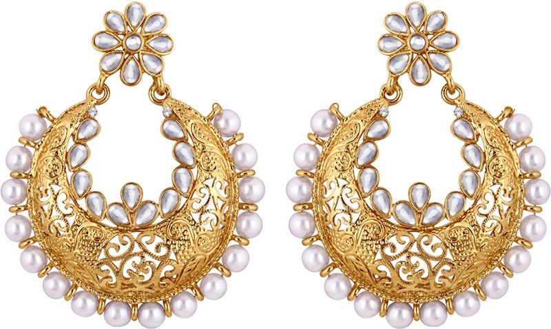 Traditional Festive Wear Brass Gold Plated Kundan & Pearl Diamond, Pearl Brass Chandbali Earring