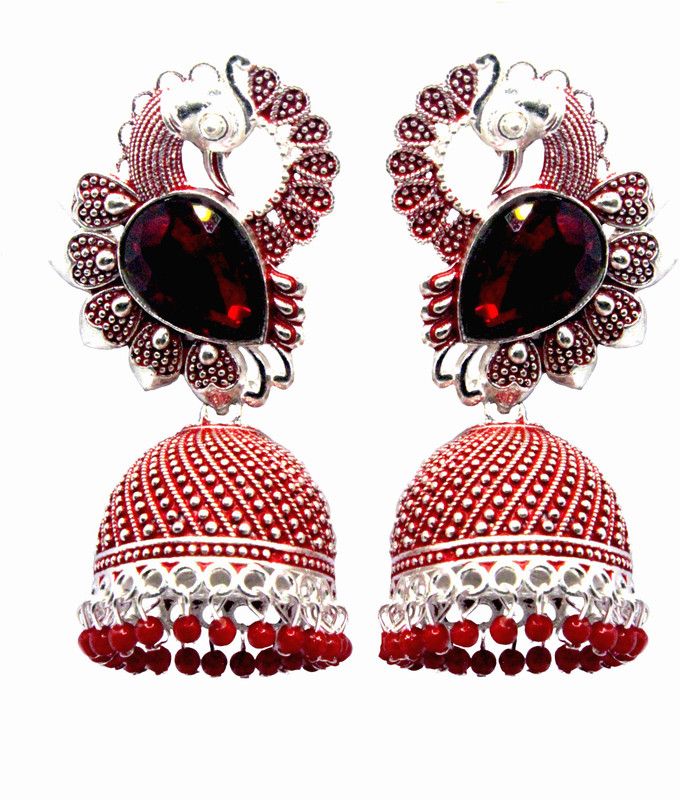 Traditional Big Jhumka Silver Tone Oxidized Jhumki Earrings Beads, Crystal Brass Jhumki Earring