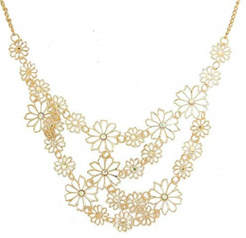 Multilayer Multi Strand Gold Plated Flower with Austria Rhinestone Bib Necklace Gold-plated Plated Alloy Necklace
