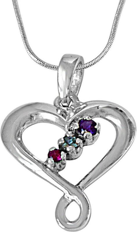 Crossed Heart Blue Topaz, Purple Amethyst, Pink Rhodolite & 925 Sterling Silver Pendant with 18 IN Chain (SDP481) Sterling Silver Topaz, Amethyst Sterling Silver Pendant