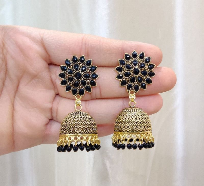 Trendy Sunflower Gold Jhumka For Girls and Women. (Black Color) Brass Jhumki Earring
