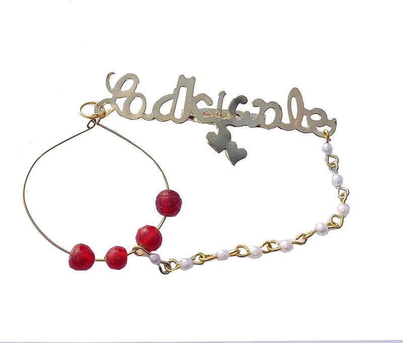 Arrakasta Crafts Ladkiwale Bride Crystal Wedding and Party Wear Lapel Pin With Hanging Nath Nose Pin Chain Brooch Brooch  (Gold, Red)