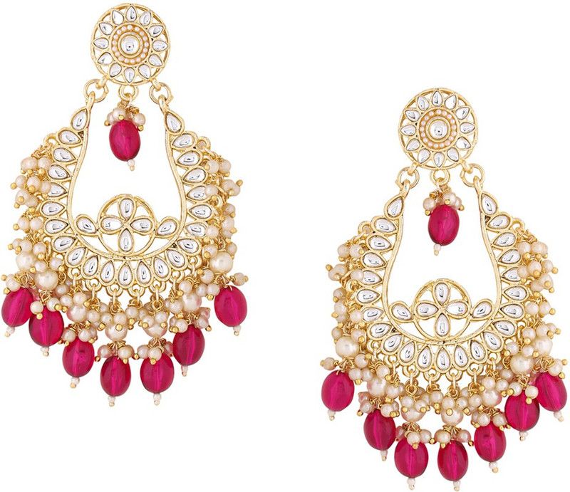 Kundan Studded Pink Pearl Drop Dangler Earrings for Women Brass Drops & Danglers