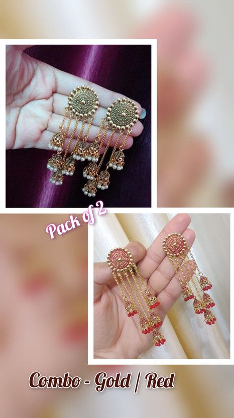 Fancy Combo Set of 2 Pair 5 Layer Latkan For Girls and Women. (Gold & Red) Alloy Jhumki Earring