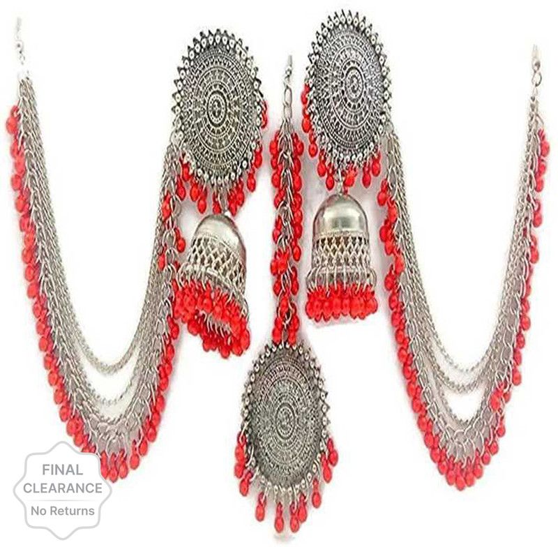 Lovely Red Beads Bahubali Jhumka Earrings With Maang Tikka Set Alloy Jhumki Earring