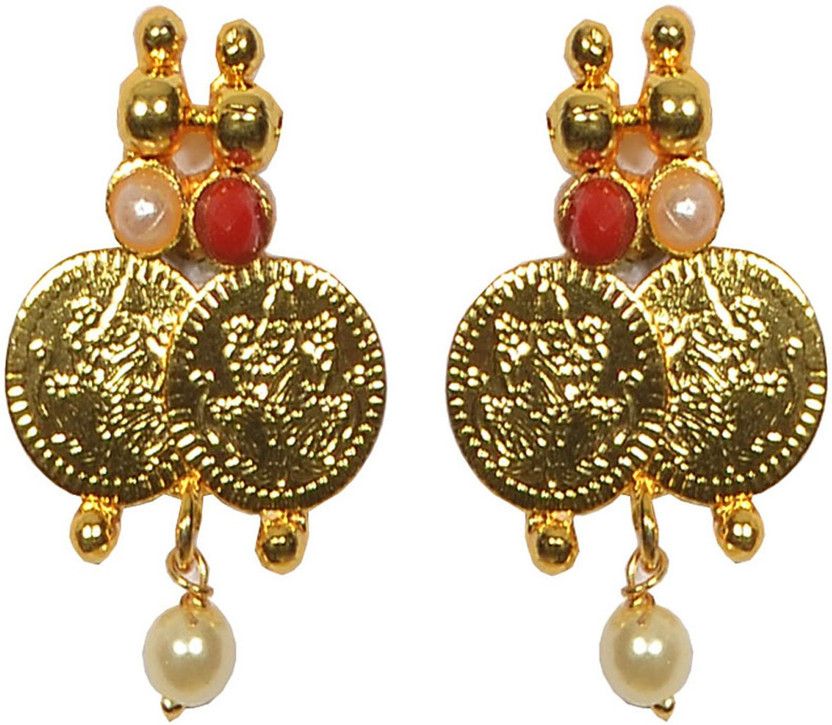 Pourni Gold Plated Laxmi Coin Gold finish Earring - PRER124 Cubic Zirconia Alloy Drops & Danglers