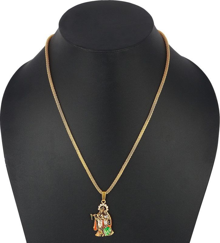 Lord Shri Krishna Radha with studded gems and chain Gold-plated Stainless Steel Locket
