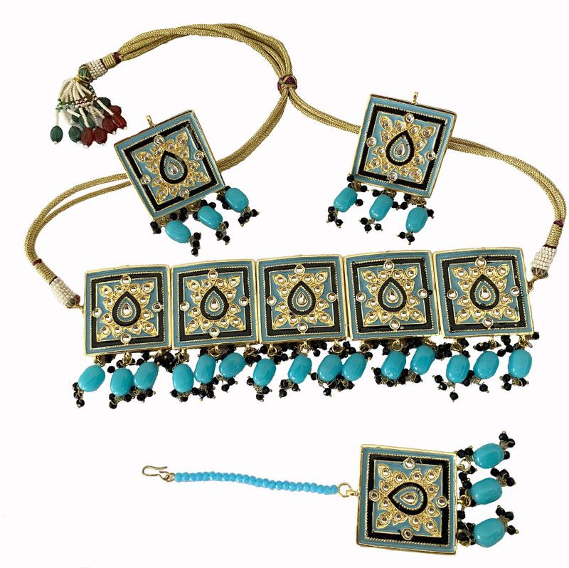 Metal, Stone, Glass, Alloy Gold-plated Gold, Black, Turquoise Jewel Set  (Pack of 1)