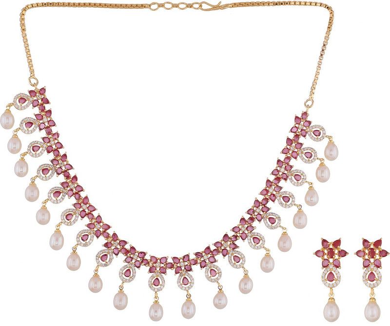 Mother of Pearl, Silver Rhodium Red, White Jewel Set  (Pack of 1)