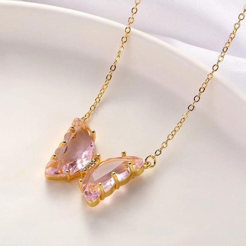Stylish Pink Butterfly Necklace For Women and Girls Pendants & Lockets Gold-plated Crystal Alloy Pendant