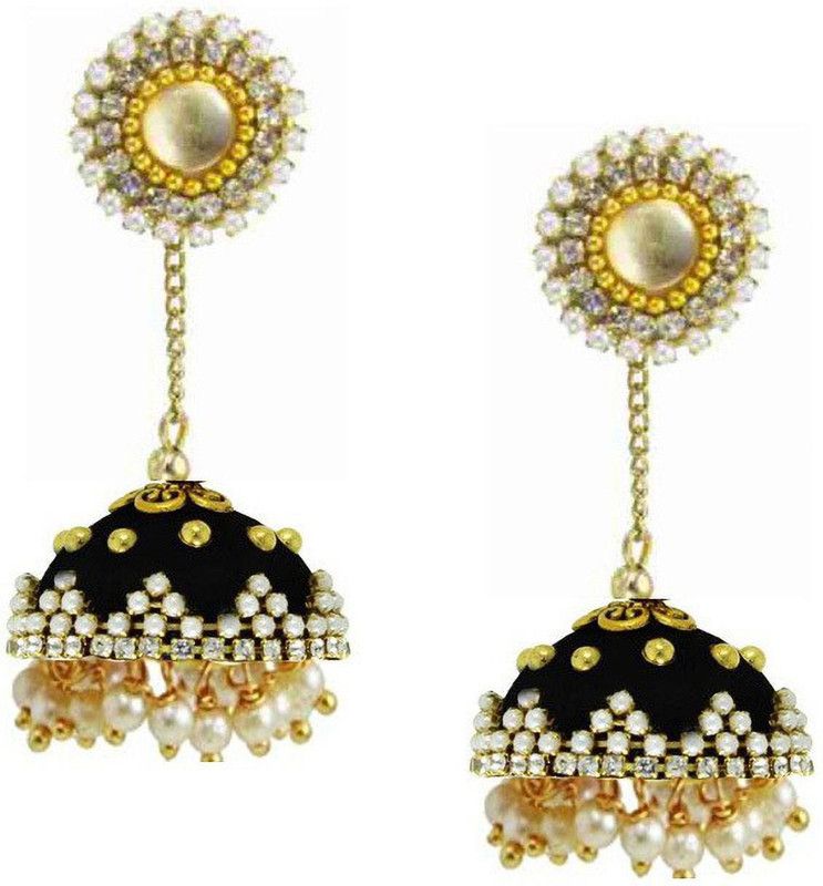 Sanj Silk Thread Single Step Earrings Jhumki For Women Hook Dangle Silk Dori Jhumka Earrings For Girls Beads Earring Set Pearl Fabric Jhumki Earring