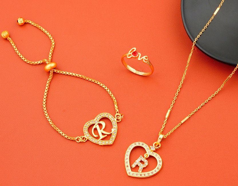 R name letter Diamond Pendant locket chain with ring & bracelet for girls, women Gold-plated Beads Alloy Pendant