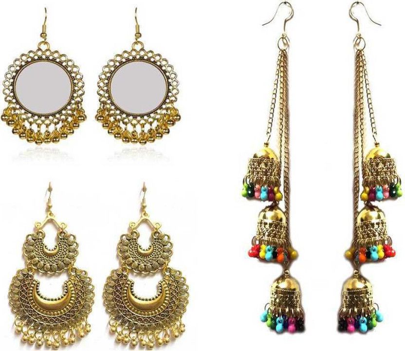 Combo of 3 Very Stylish Golden Mirror Chandbali Jhumki Earrings for Women and Girls Beads Alloy Jhumki Earring, Chandbali Earring, Drops & Danglers