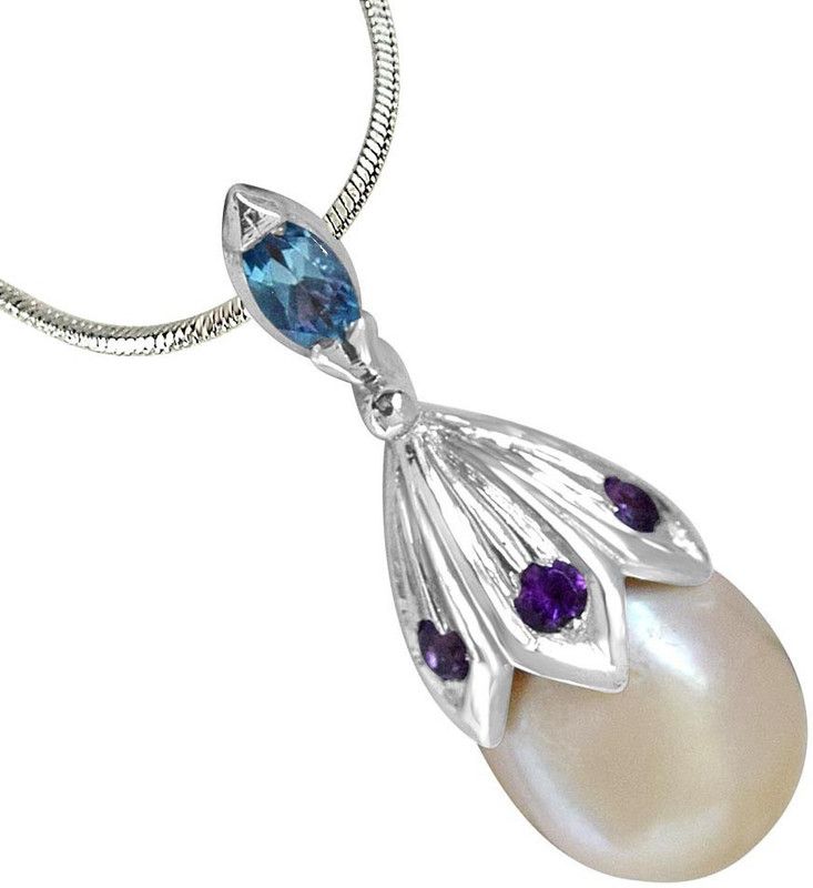 A Drop of Love - Big Lustrous Drop Pearl & Silver Pendant with 18" Chain for Women Silver Pearl, Amethyst, Topaz Sterling Silver Pendant