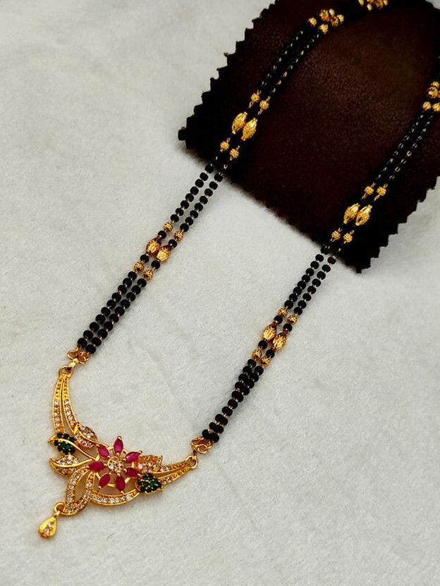 1 GRAM GOLD PLATED 30" INCH-LONG MANGALSUTRA. A.D PENDANT & 2 STRAND SER Brass Mangalsutra