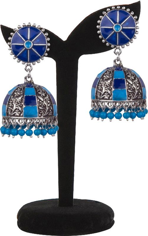 Piah Fashion Elegant Oxidised 
Silver With Blue & Sky Blue Minakari 
Beaded Brass Jhumkhi For Women & 
Girls Brass Drops & Danglers