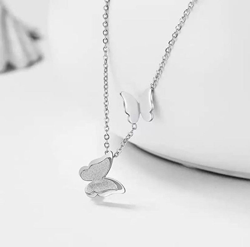 Silver Valentine's Day I Love You Dual Butterfly Choker Locket Pendant Necklace Silver Stainless Steel Pendant