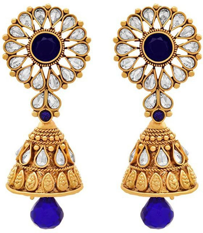 One Gram Gold Plated Sapphire Stone & Champagne Diamond Earring for Women Cubic Zirconia Copper Drops & Danglers
