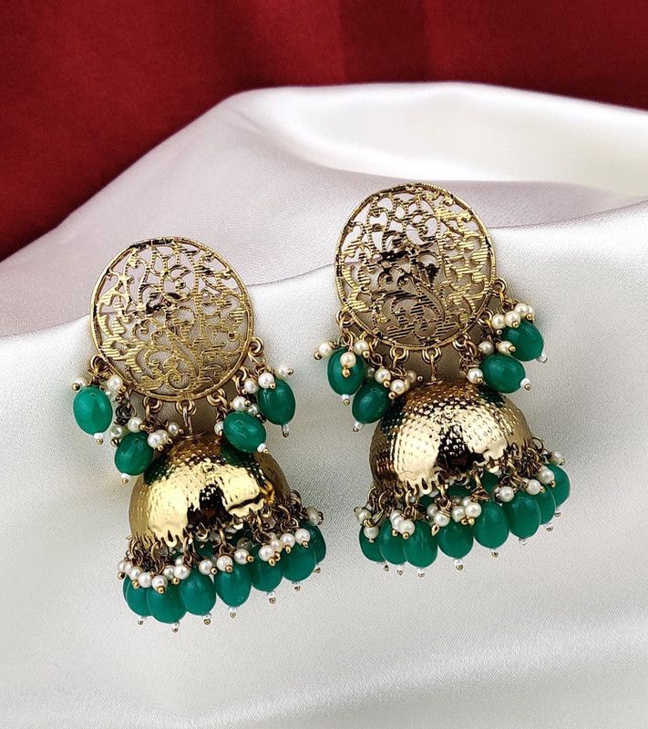Long and Big Earrings Jhumka-Green Alloy Jhumki Earring