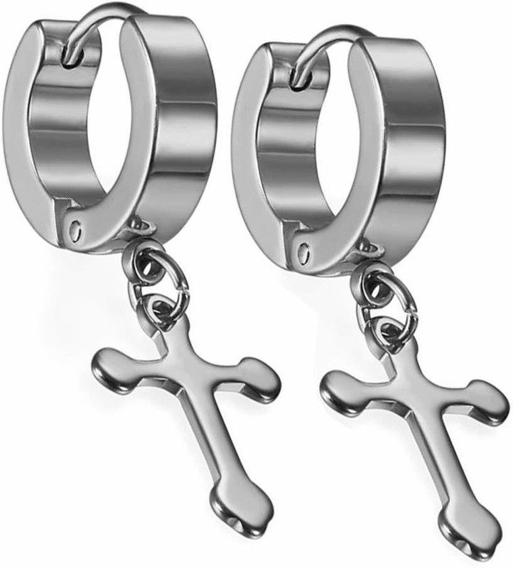 Jesus Cross Silver Color Piercing Stainless Steel Earrings for Men/Women Cubic Zirconia Stainless Steel Huggie Earring