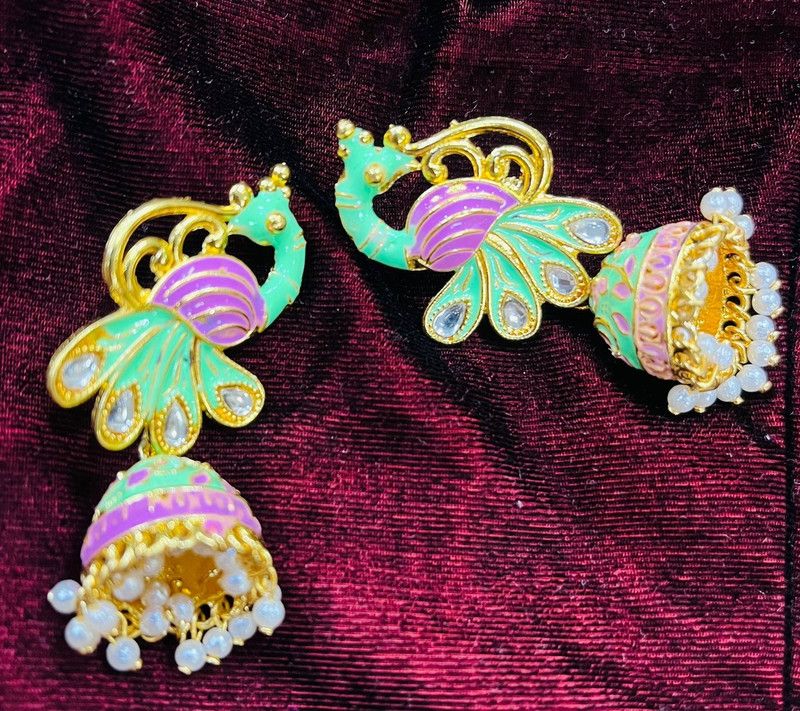 Beautiful peacock jhumke green and pink Alloy Jhumki Earring