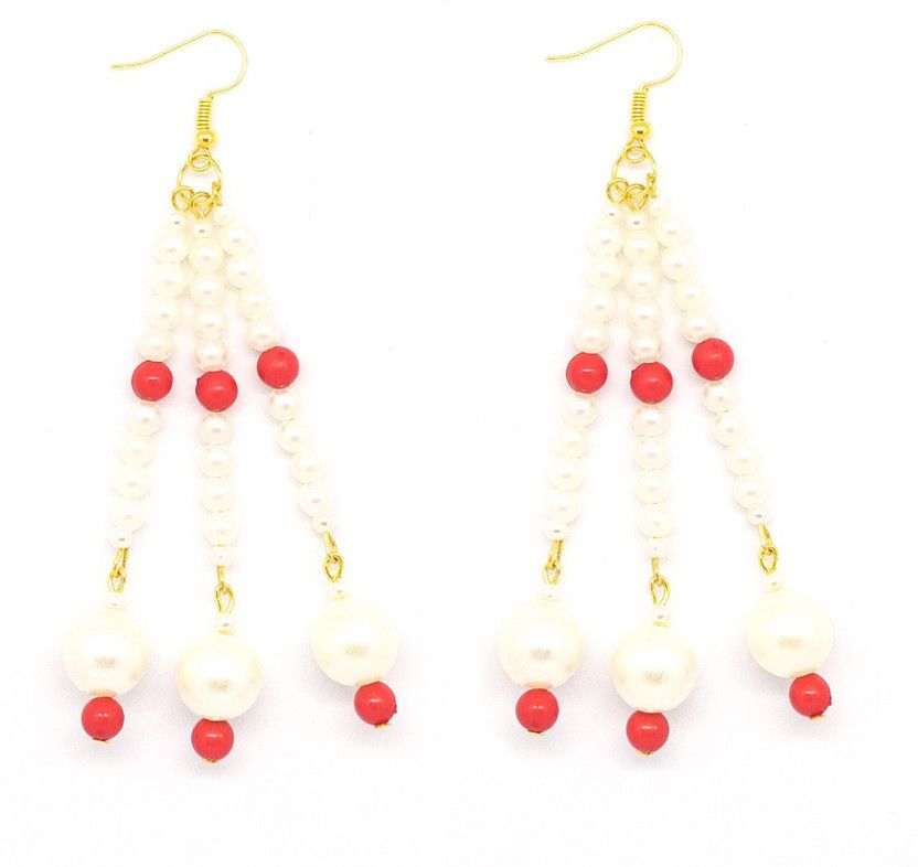 Fantastic and Long Red White Pearl Earrings Plastic Drops & Danglers
