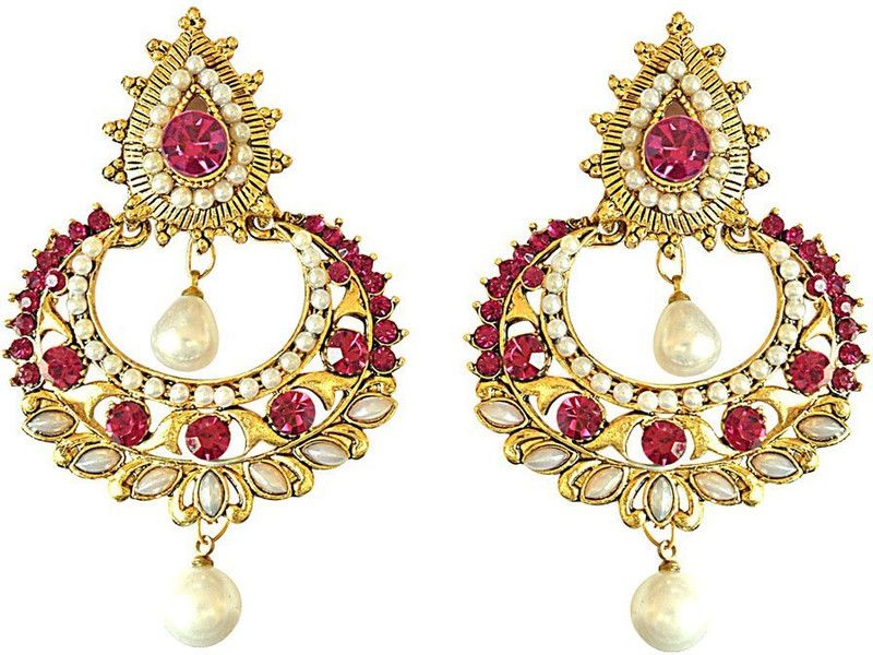 Pink Stone Shell Pearl Gold-Plated Chandbali Earrings For Women Metal Drops & Danglers