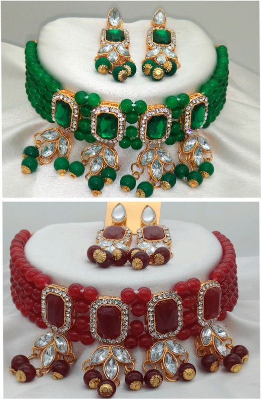 Alloy Jewel Set  (Maroon, Green)