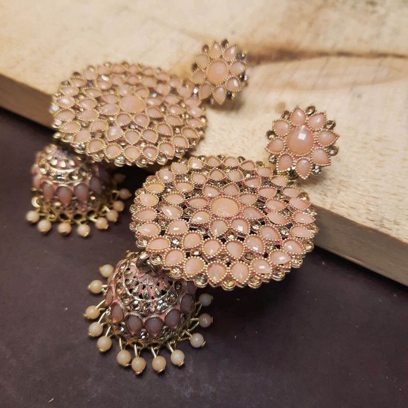 Peach Stone Studded Long Jhumka Earring By NazarBattu Alloy Jhumki Earring, Stud Earring
