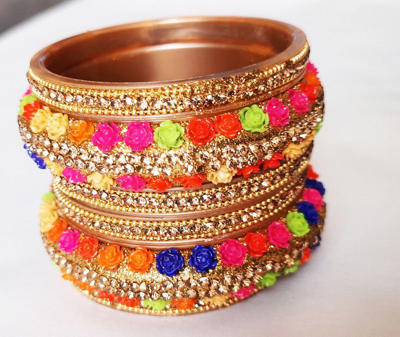 Copper Beads, Crystal Gold-plated Bangle Set  (Pack of 6)
