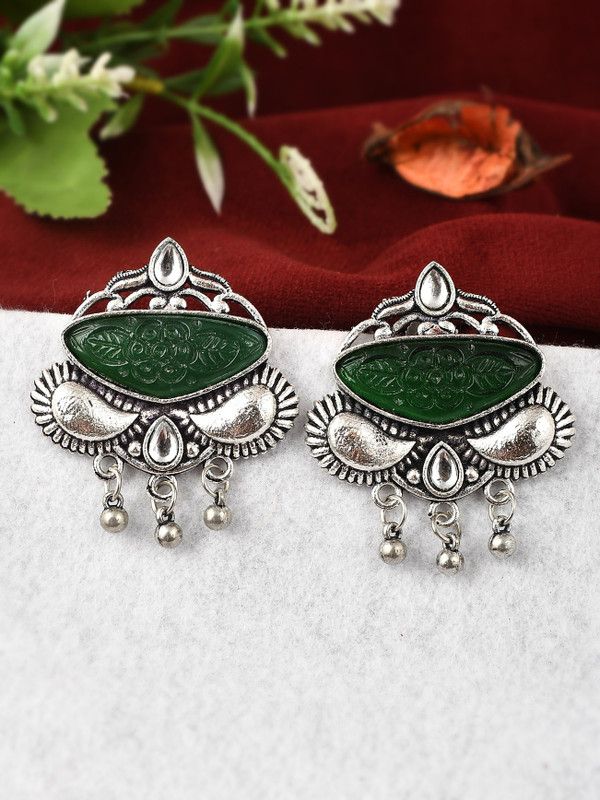 Silver Plated Green Stone Studded Floral Oxidised Stud Earrings Brass Stud Earring