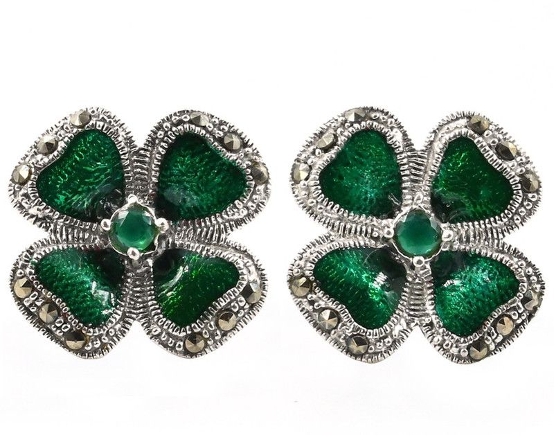 925 sterling Silver Real Marcasite & Emerald stone with Green Enamel Earring Silver Stud Earring
