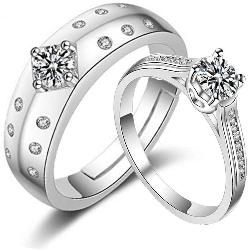 King & Queen Adjustable Couple Rings.. Stainless Steel Cubic Zirconia Silver Plated Ring Set