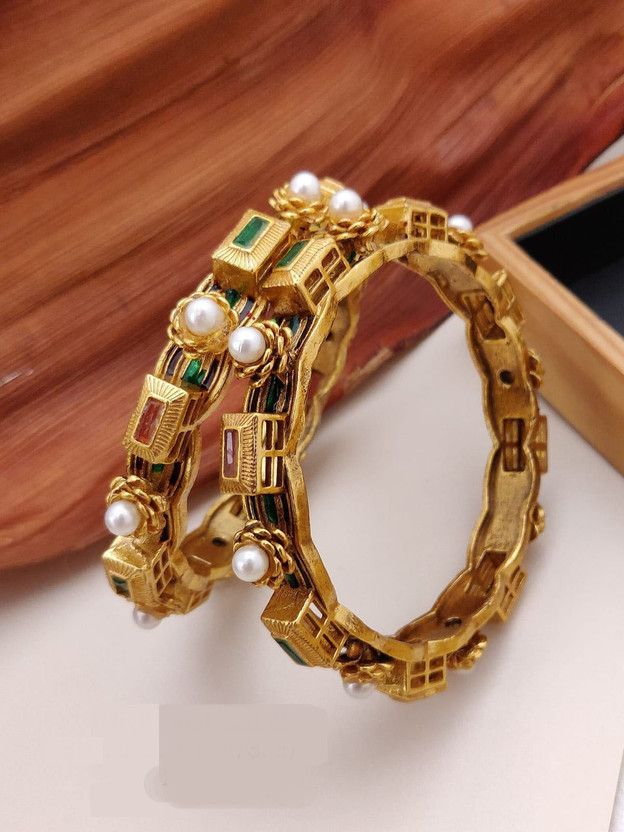 Brass Pearl Gold-plated Bangle Set  (Pack of 2)