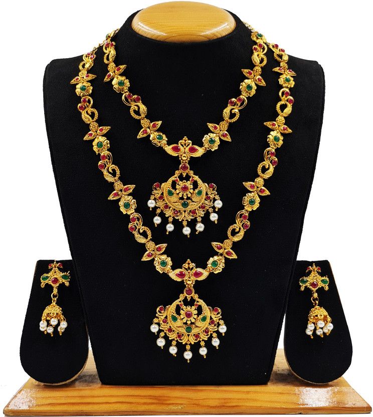 Brass Gold-plated Green, Maroon, White Jewel Set  (Pack of 1)