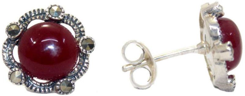 Earrings Sterling Silver Stud 925 Carnelian Marcasite Stone Women Handmade B452 Carnelian Sterling Silver Stud Earring