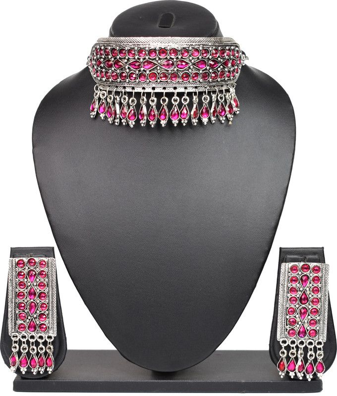 Oxidised Silver, Stone Jewel Set  (Pink)
