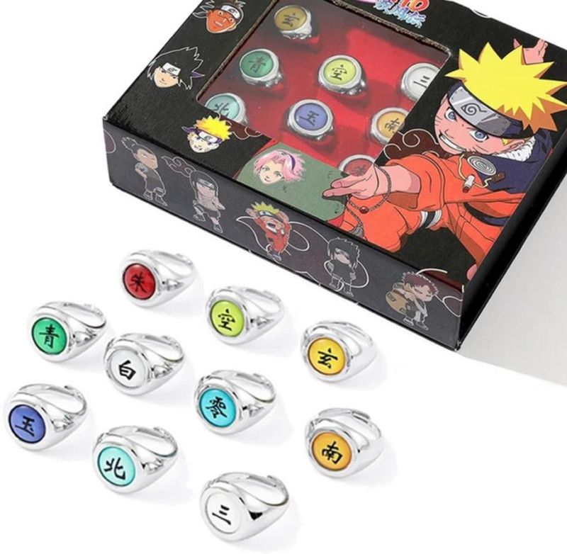 Naruto Akatsuki Rings Set With Necklace | Adjustable Anime Rings Collection Metal Silver Plated Ring Set