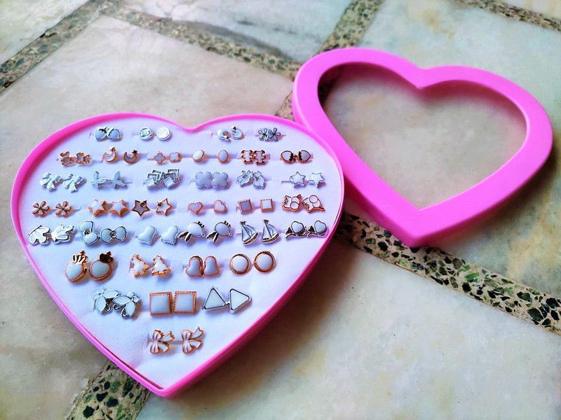 36 Pair Mix Design Earrings with Heart Box for Girls, Women and Ladies (1 Box) Alloy Plug Earring