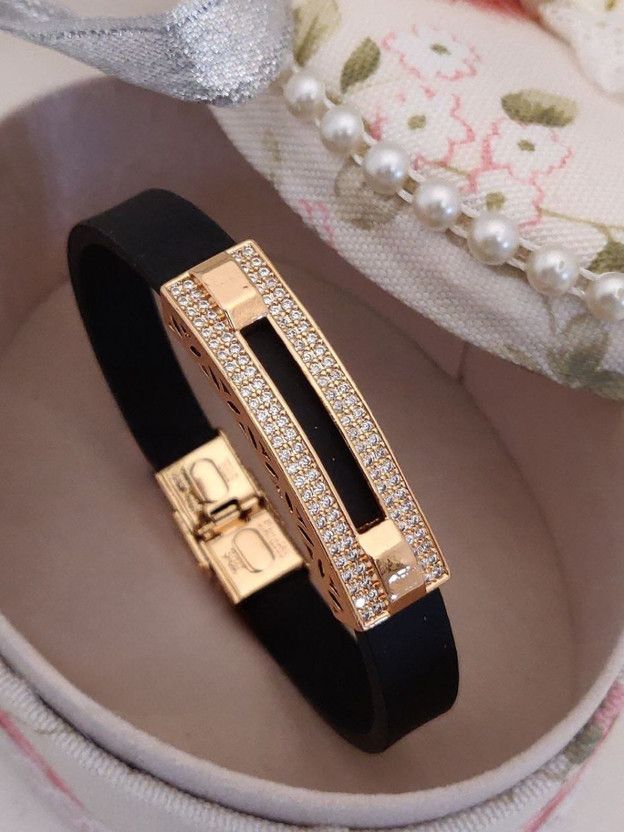 Leather, Stainless Steel Diamond Gold-plated Bracelet