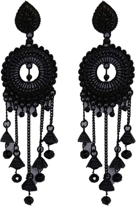 Solid Z-Black Long Latkan Style Mattel Jhumkas Earrings for Women and Girls Metal Drops & Danglers