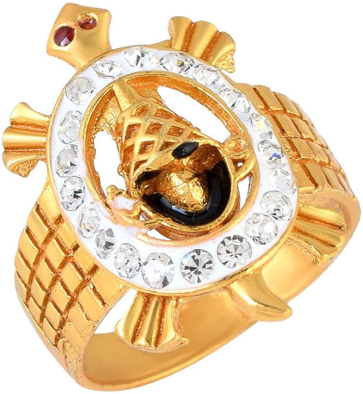 Gold Plated Brass CZ, Lucky Tortoise with Lord Tirupati Balaji Design Free Size Finger Ring for Men and Women Brass Cubic Zirconia Gold Plated Ring