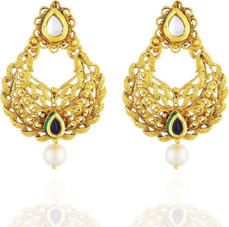 Stunning Designer Gold Colour With Blue Stone Alloy Drops & Danglers