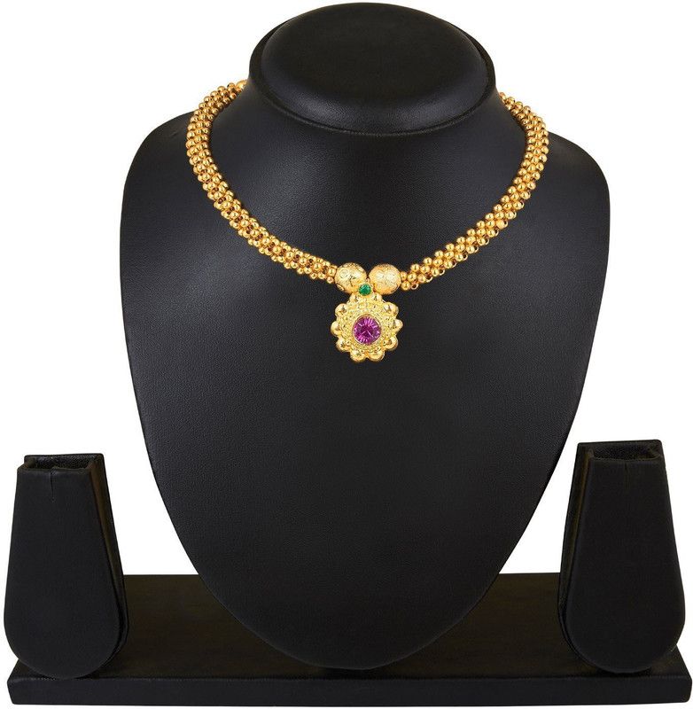 Pearl Jewellery Beads Ruby Pink Gold Plated Traditional Kolhapuri saaj Maharashtrian Thushi Pendant locket Necklace mala golden Jewellery for Girls Women Ladies design -THUSHI-113 Beads, Cubic Zirconia, Ruby Gold-plated Plated Copper Necklace