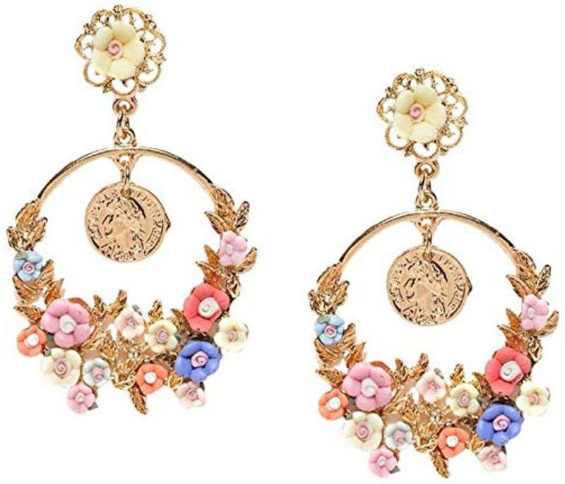 Floral Design Colorful Chandelier Party Wear Dangle Earrings For Women Copper Chandbali Earring
