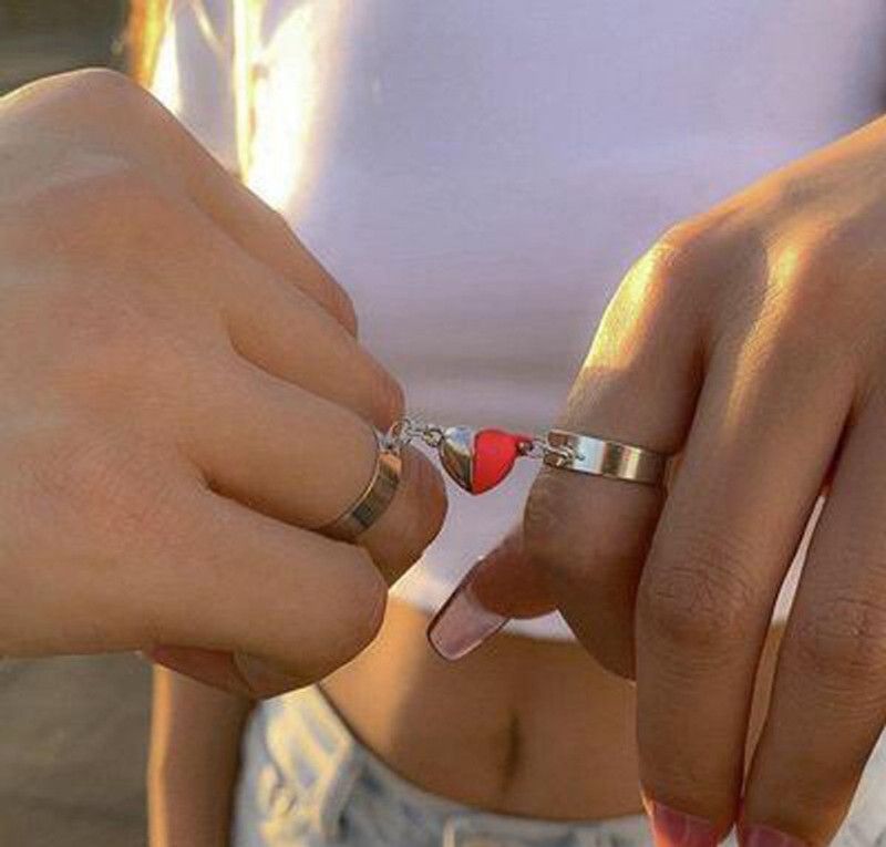 Magnet Heart Couple Rings Stainless Steel, Metal Cubic Zirconia Sterling Silver, Titanium Plated Ring