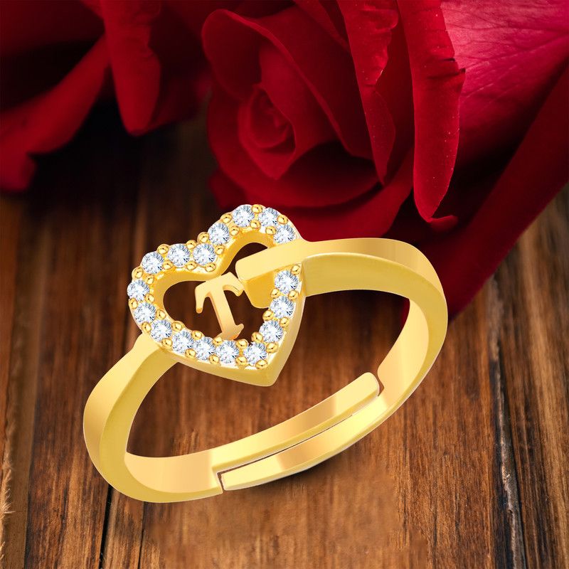 Stylish Jewellery 'T' Letter Heart Women Men Unisex Alphabet Gold plated Ring Brass Cubic Zirconia Gold Plated Ring