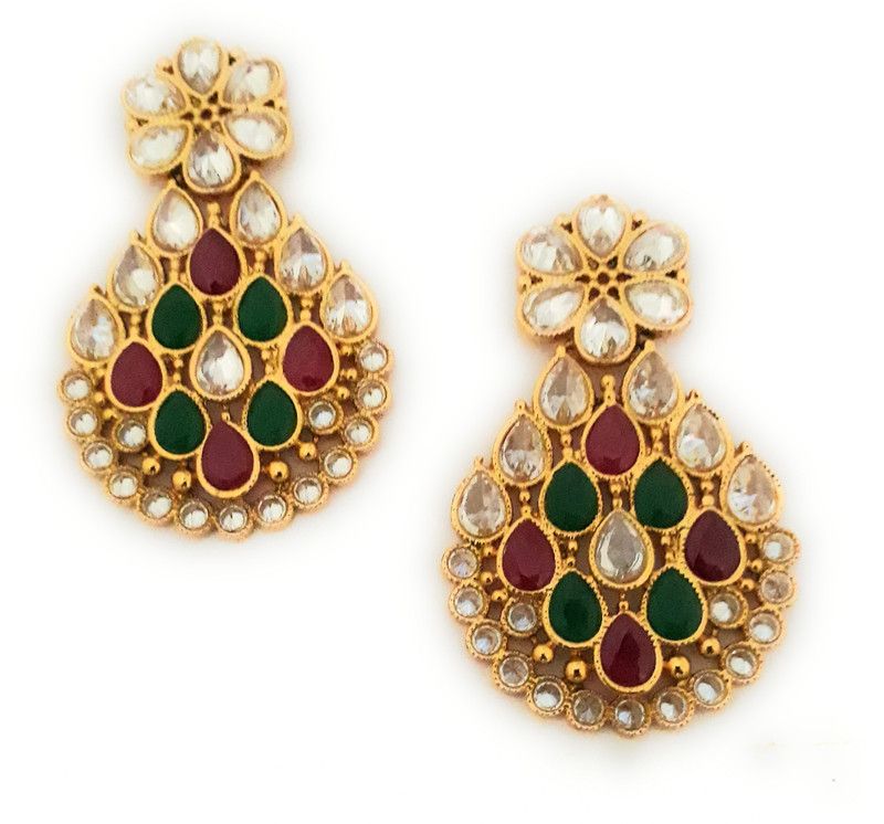 Antique Rose Gold Plated Reverse Diamond Red Green Stones Diamond Brass, Crystal Drops & Danglers